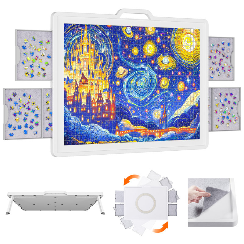 1500 pièces 2-en-1, panneau de casse-tête rotatif et inclinable 2-en-1 avec tiroirs divisés, tapis en feutre, housse de protection, table de puzzle portable avec poignée, 4 plateaux en feutre supplémentaires, cadeau idéal, 35 po x 27 po, blanc