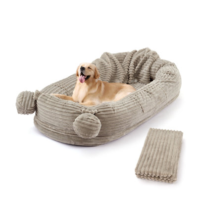 Oversized Human Size Dog Bed for Adults 72x44 Inch Pet Sofa Blanket Removable Washable Corduroy Cover High Density Foam 2 Storage Pockets Carry Handles Orthopedic Floor Lounger for Large Dogs People