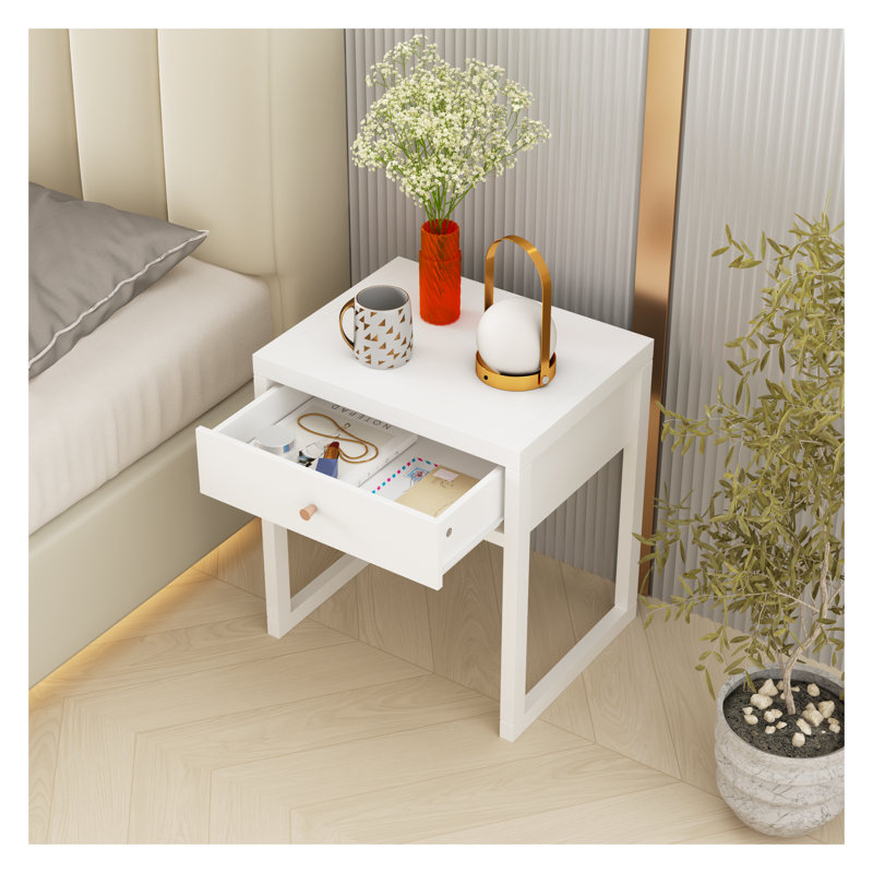 Table de chevet blanche moderne avec tiroir - Table de chevet minimaliste pour la chambre à coucher, petite table de chevet compacte avec assemblage facile