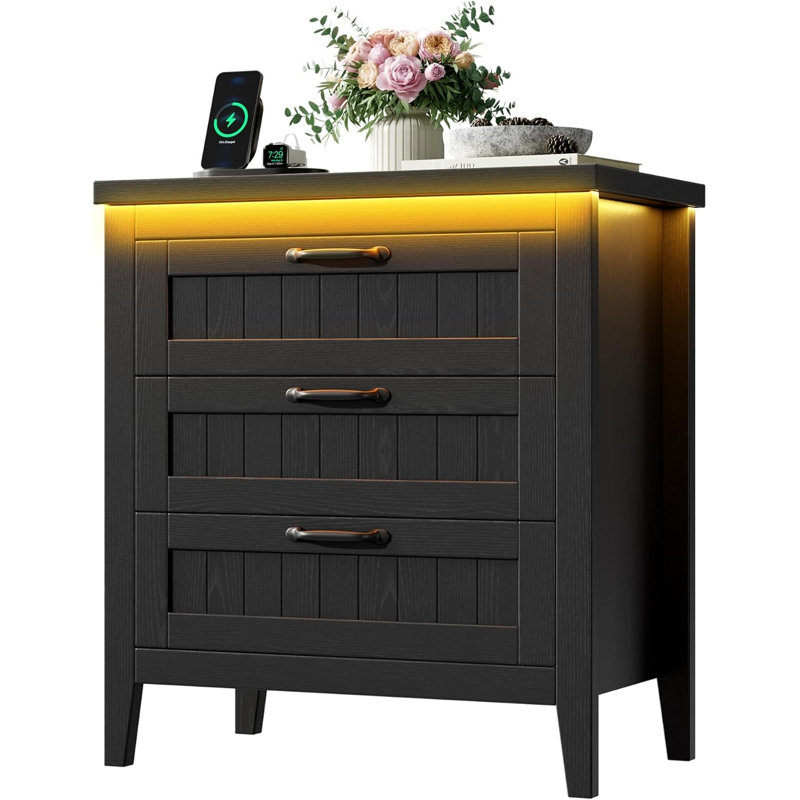 Commode à tiroirs Farmhouse avec station de charge et lumières DEL, commode de chambre mince en bois, Noir