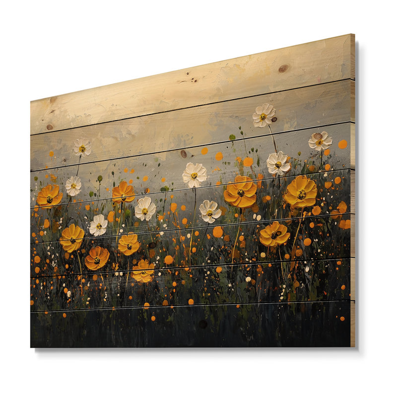 Dark Summer Daisies Field Landscape III - Daisies Wood Print - On Natural Pine Wood, 30" H x 40" W x 0.78" D