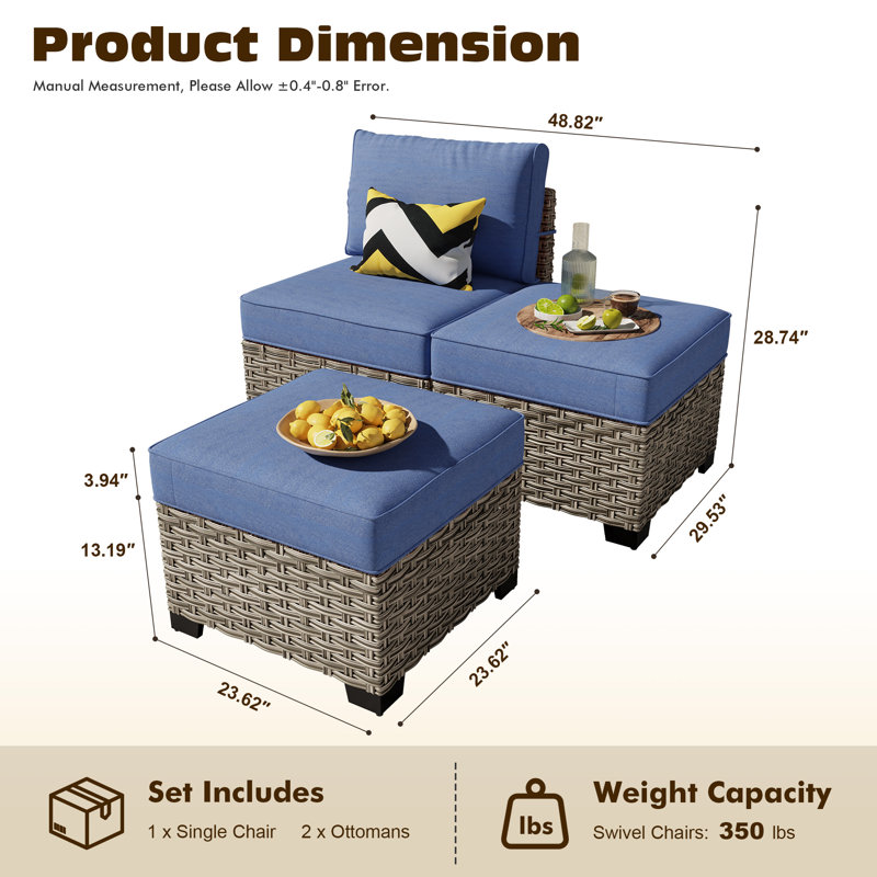 Outdoor Wicker Outdoor Lounge Chair With Ottoman,  3-Piece Outdoor Seating Set, Blue