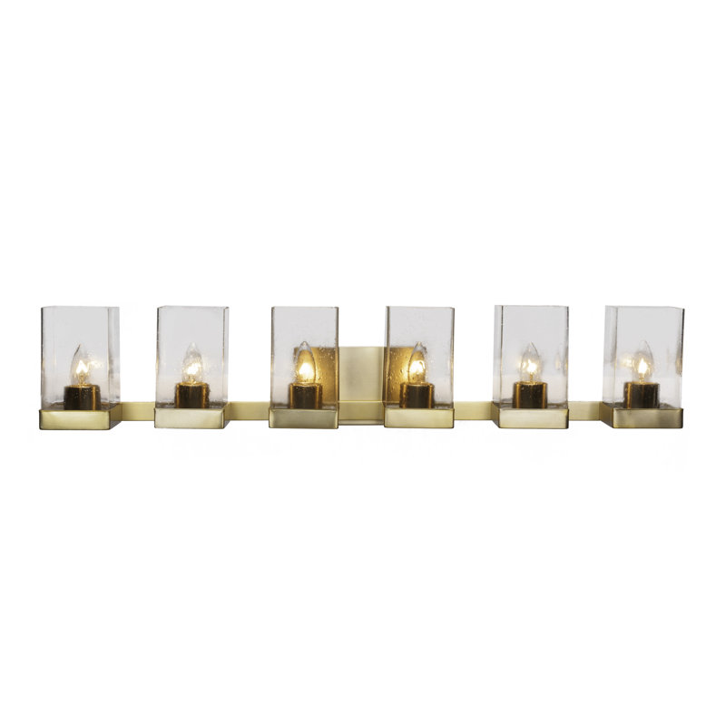 Barre d'éclairage de salle de bain 6 lumières Dace avec verre carré 4 po, Laiton New Age, Bulle transparente
