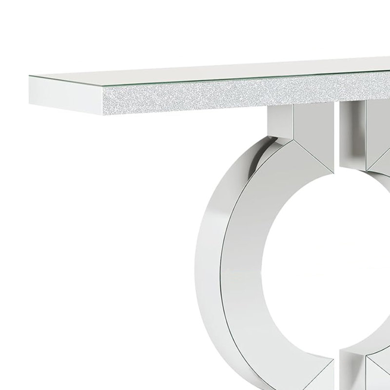 Console Table, 43 Inch Mirrored Silver, Rectangular Top, O Shaped Base