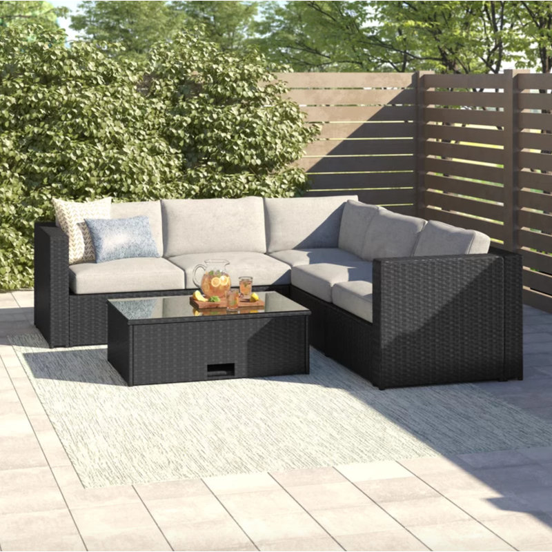 Ensemble de conversation modulaire en rotin avec coussins 4 pièces Hansley, Noir