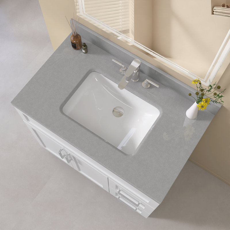 Comptoir de meuble-lavabo à montage sur plan simple l 30 po x P 22 po avec dosseret intégré de 4 po, 5 trous de robinet (3 pré-percés + 2 évidements), pierre d'ingénierie, gris