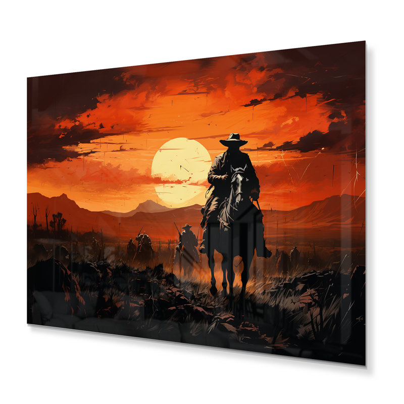 «Western Sunset Riders Pointillism Art II», impressions sur métal occidental, H 24 po x l 32 po x P 1 po
