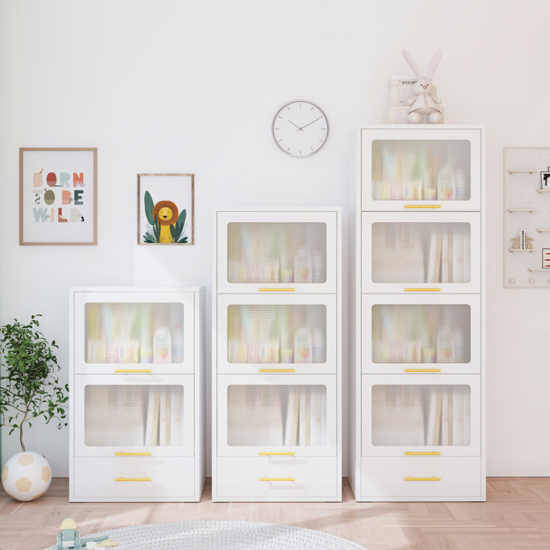 Vitrine de rangement à 3 niveaux avec portes rabattables, Blanc