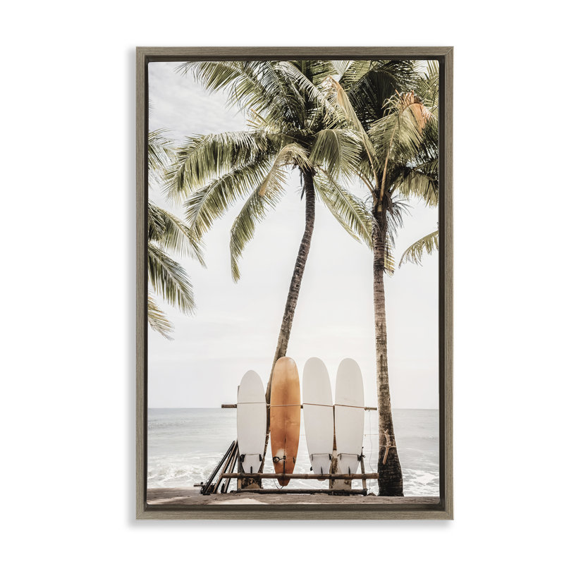  Toile flottante encadrée avec planches de surf Hawaii par Sissi et Seb, H 31 po x l 21 po, Cadre flottant orme Montalcino