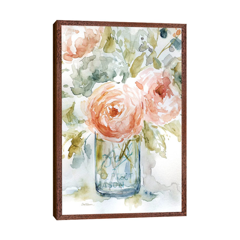 Cabbage Roses I by Carol Robinson - Painting on Canvas, 101.6 cm H x 66.04 cm W, Classic Brown Wood Framed