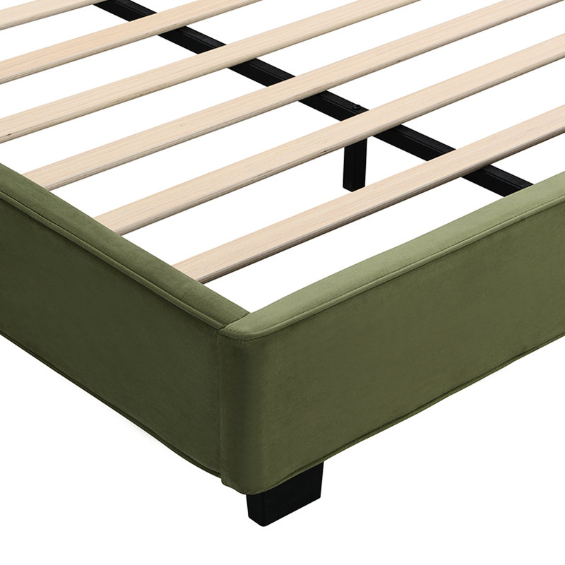 Lit plateforme tapissier très grand olive avec tissu en velours, tête de lit courbée, conception carrée symétrique, sans sommier, 12 lattes de bois pour lit stable, velours doux, look moderne et élégant, soutien