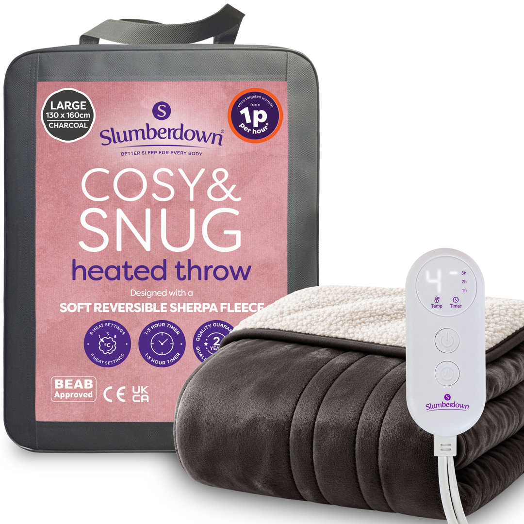 Heated Throw Blanket in Grey Soft Sherpa Fleece - Cosy & Snug by Slumberdown - Image 2