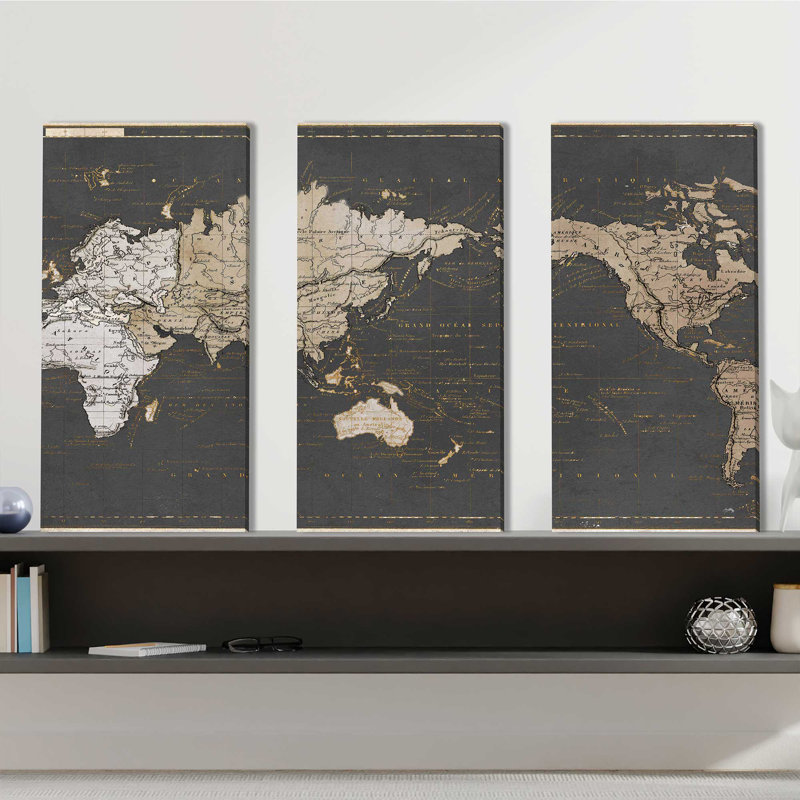 "Carte du monde en or et gris", ensemble de 3 impressions sur toile
