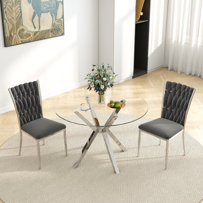 Ensemble de table de salle à manger 36 po en verre trempé rond, chaises en velours 2/4 avec pieds en métal galvanisé, minimaliste moderne pour les petits espaces, la salle à manger et la cuisine