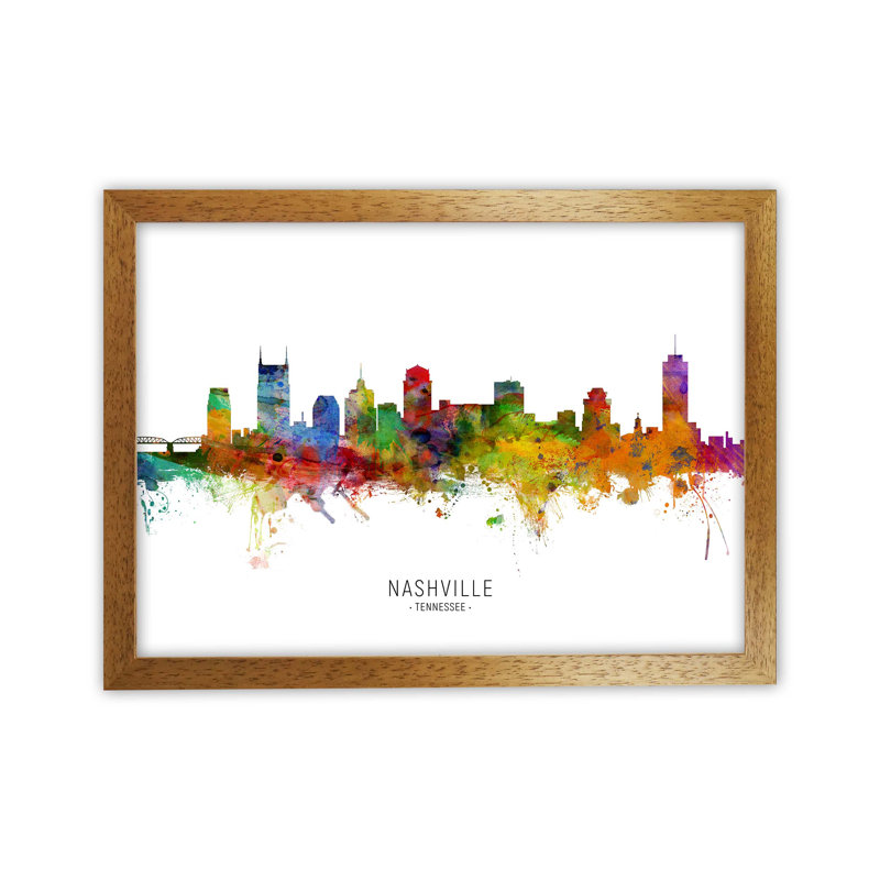 Nashville Tennessee Skyline by Michael Tompsett - Print, 25cm H x 34cm W x 3cm D, Brown Framed