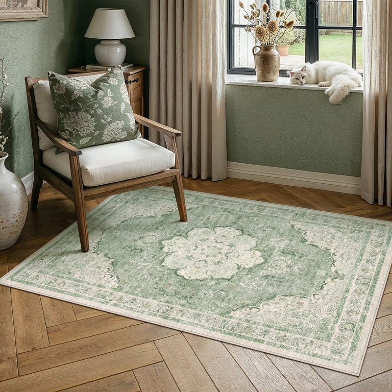 Tapis lavable Aurea Vintage à médaillon vieilli avec envers antidérapant, Vert, Rectangulaire 3 pi x 5 pi
