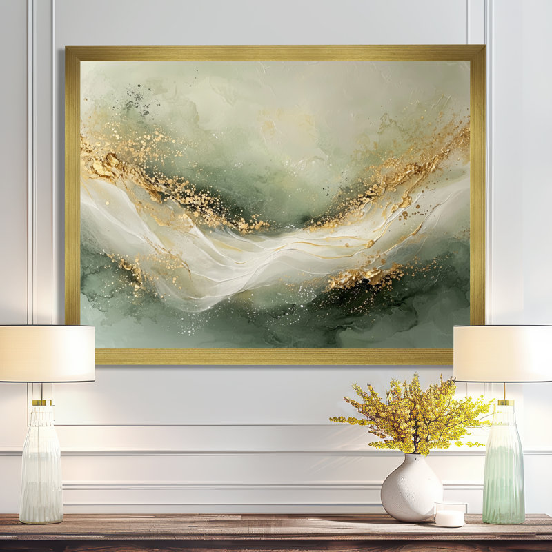 «Ephemeral Emerald Pathway To The Gemstone III», art mural encadré en marbre, H 34 po x l 44 po, Cadre flottant, Doré