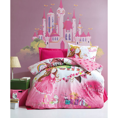 Ensemble de housse de couette 100% coton rose / blanc / brun Mae