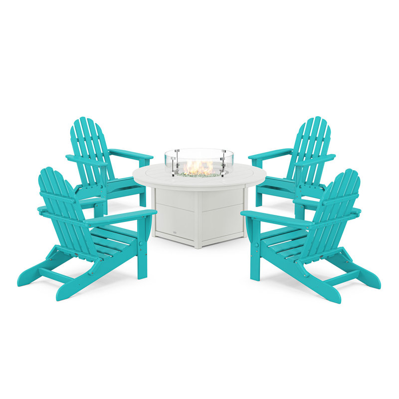 POLYWOOD Classic Folding Adirondack 6-Piece Conversation Set with Fire Pit Table, Aurba