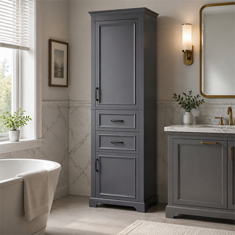 Meuble-lavabo vertical autoportant de 71 pouces: design moderne et élégant; portes et tiroirs amortisseurs; tablettes fixes et réglables pour un grand espace de rangement.