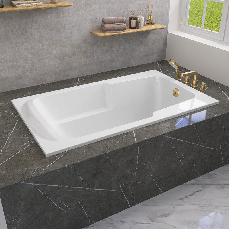 60" W X 36'' D Alcove Rectangular Bathtub Drop-in Soaking Tub 3-Wall Acrylic White Bathroom Tub with Reversible Installation & Built-in Armrests