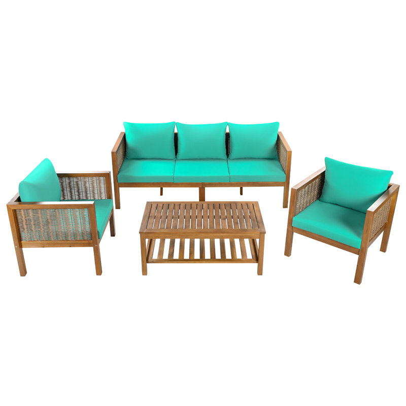 Ensemble de conversation pour l'extérieur 4 pièces, un canapé, une table basse et deux fauteuils, Green