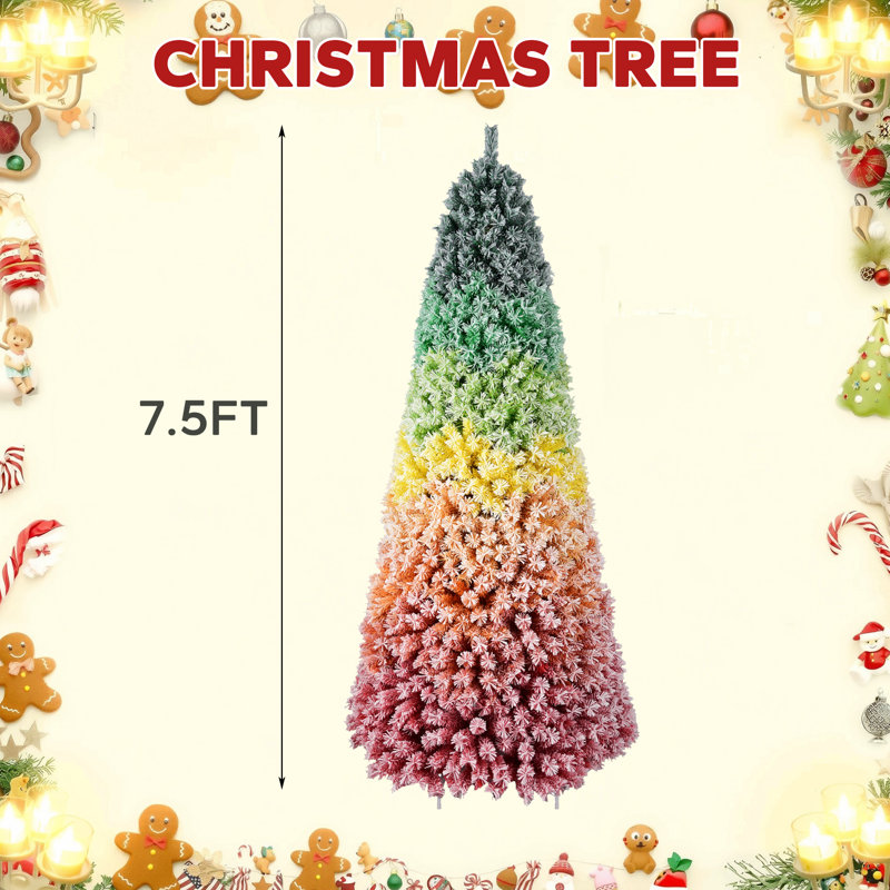 Arbre de Noël artificiel en flocage arc-en-ciel, H 7,5 pi, Vert / Jaune / Rouge