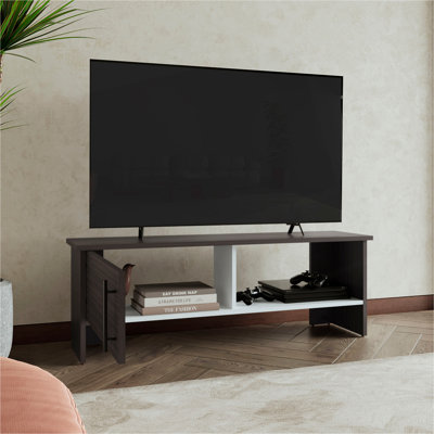 Meuble télé 47 po de large avec armoire à une porte et tablette ouverte pour le salon, centre de divertissement noyer foncé Navia - blanc