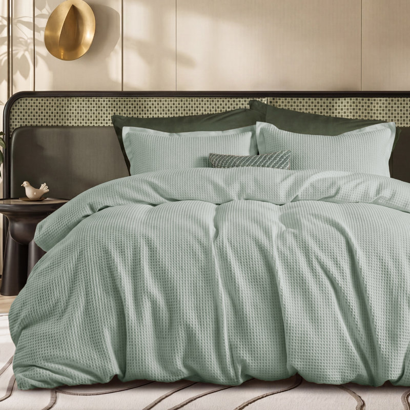 Ensemble de literie en coton 100% coton gaufré pour toutes les saisons (ensemble de 3), Queen Duvet Cover + 2 Shams