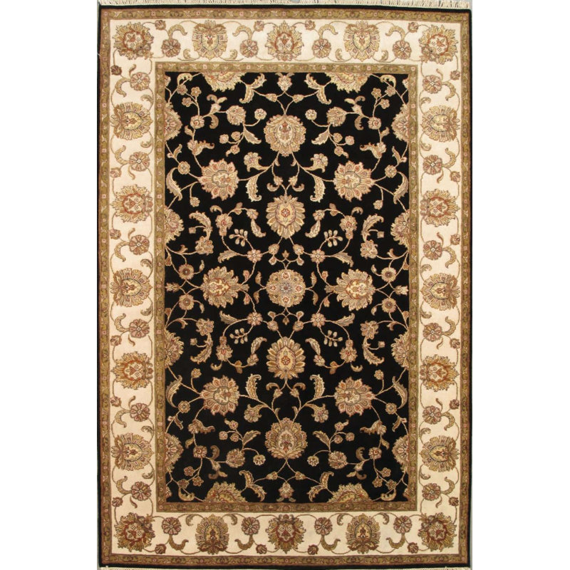 Tapis oriental noir / ivoire / brun en laine / coton 6 pi 2 po x 9 pi 3 po Oriental