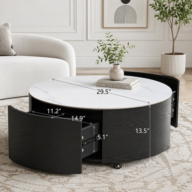 Table basse ronde moderne sur roulettes avec plateau imitation marbre, Noir