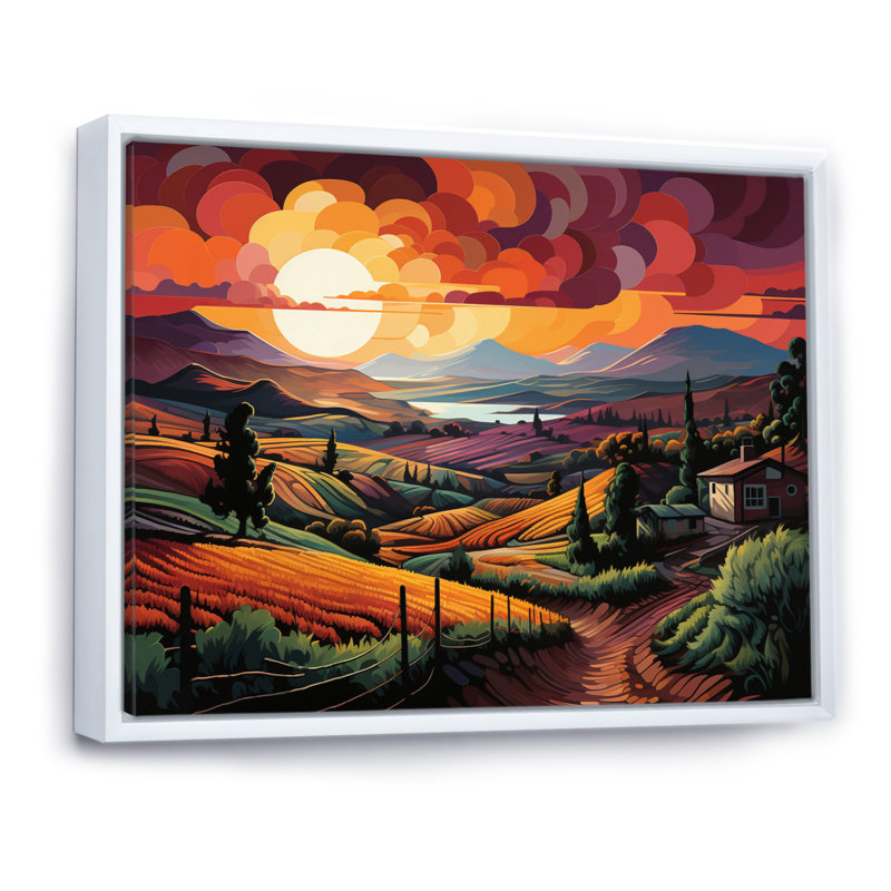 «Vineyard Sunset Rows Of Ruby Landscape III», reproduction sur toile, H 30 po x l 40 po x P 1,5 po, Cadre flottant blanc