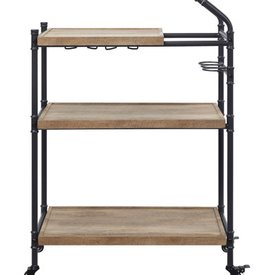 Rustic Industrial 2-Shelf Cart For Serving - Oak And Sandy Black, With Stemware , Lockable Wheels, Ample Storage Space Convenient Generous