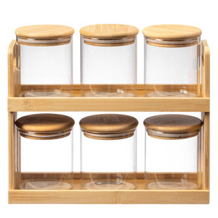 Basicwise Versatile 2-tier Bamboo Spice Rack And Pantry Organizer With 6 Glass Jars – Perfect For Countertop Storage In Kitchens To Keep  Seasoning Containers Neatly Displayed And Easily Accessible