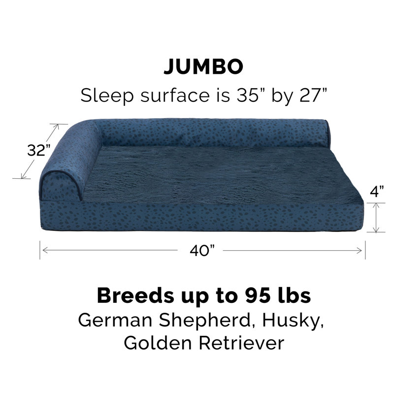 Plush Fur & Almond Print Deluxe L-Chaise Sofa Pet Bed, Blue, Large (32" W x 40" D x 8" H), Extra Large (71 - 90 lbs)