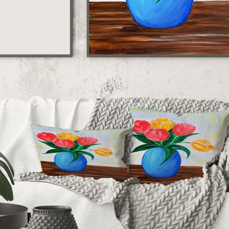 Bouquet de tulipes dans un vase, housse de coussin carré et insert, 16 po x 1 po