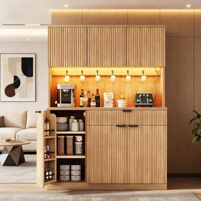 Multi-Functional Pantry Cabinet With Storage, LED Lights & Power Outlets