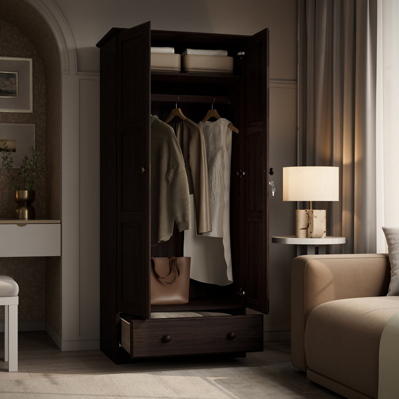 Armoire-penderie flexible 100% bois massif 2 portes avec serrure Primm, Espresso