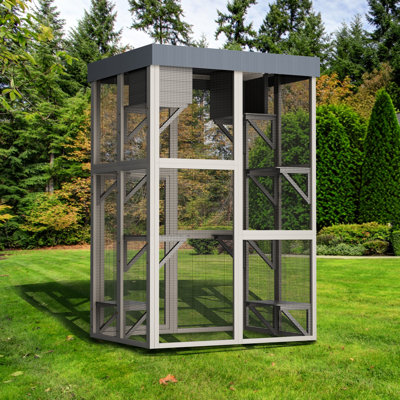 Gray Wooden Outdoor Cat Enclosure High With 6 Multi - Level Platforms, 2 Napping Houses And A Waterproof Cover For Feline Satisfaction Tall Featuring