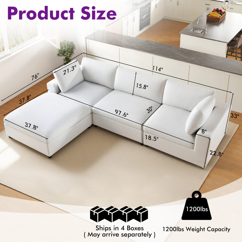 114" 4-Seater L-Shaped Down-Filled Modular Sectional Sofa With Chaise, White, White Linen, 33.5" H x 113" W x 68" D