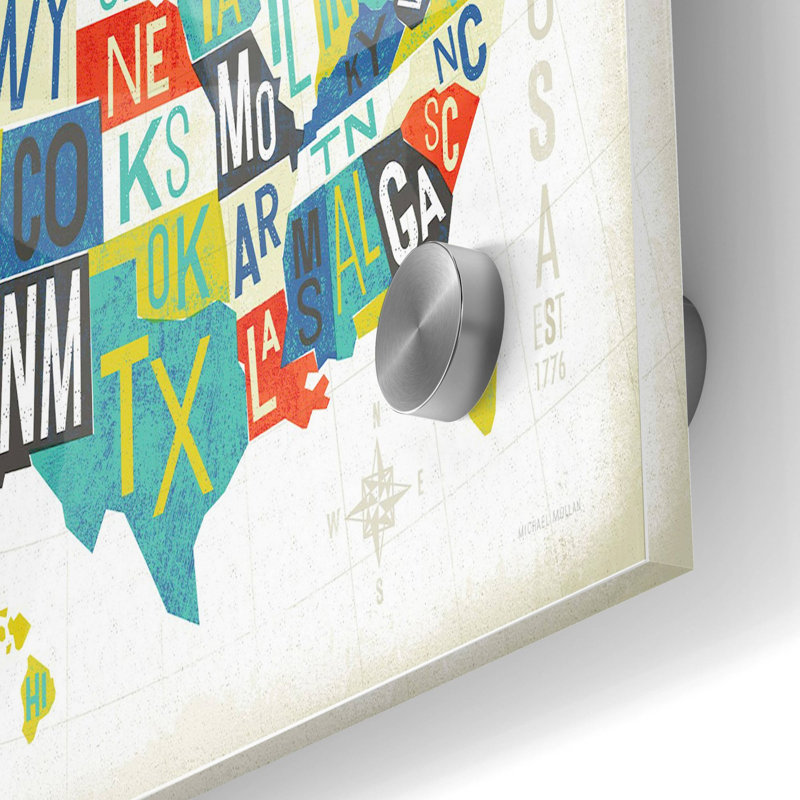 "Typographie américaine carte" par Michael Mullan, art mural en verre acrylique, H 24 po x l 36 po x P 0,2 po