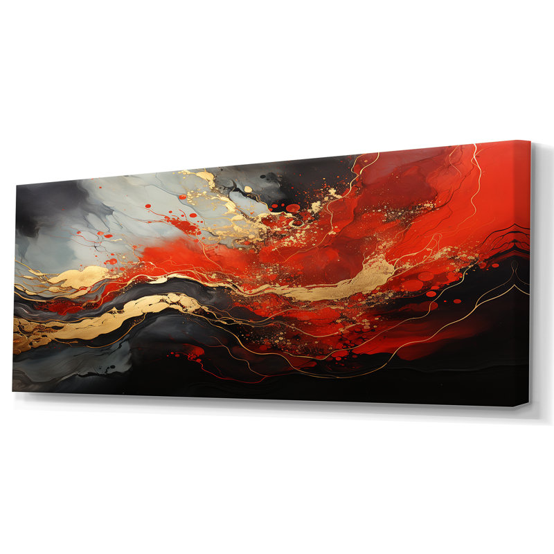Rouge et feu de marbre doré I - art abstrait sur toile, H 28 po x l 60 po x P 1,5 po, Toile tendue