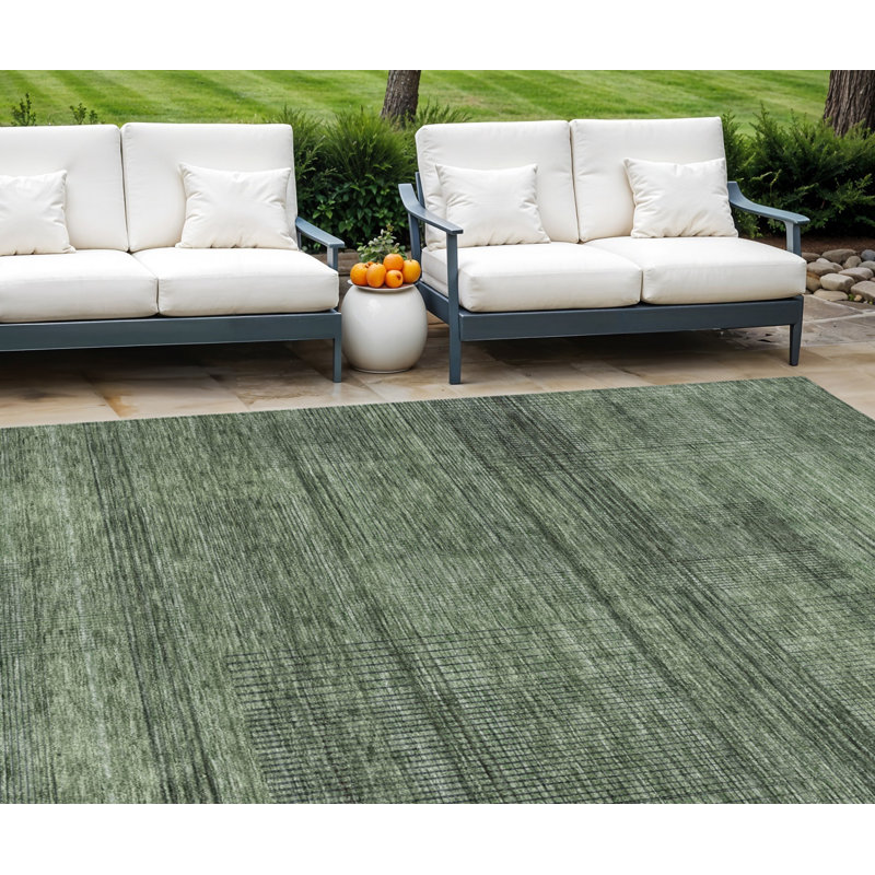 Tapis extérieur lavable rayé vert olive et gris 9 pi x 12 pi