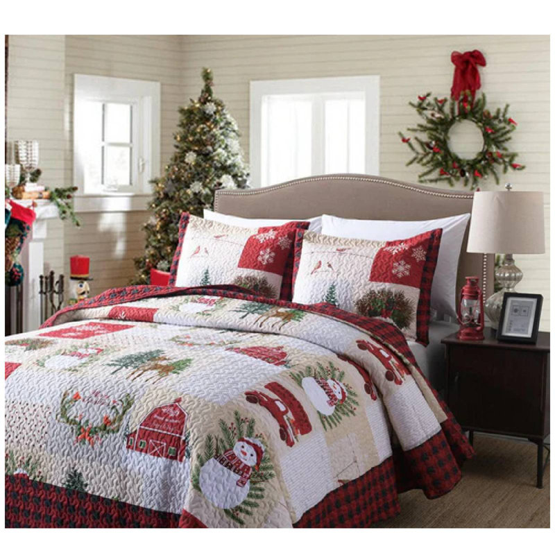 Christmas Red and Green Reversible Microfiber Queen Quilt Set