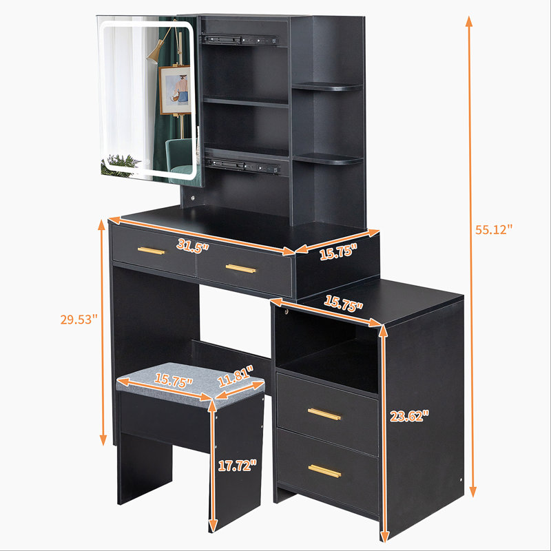 Coiffeuse à panneaux de particules multifonctionnelle avec lumières DEL et rangement abondant