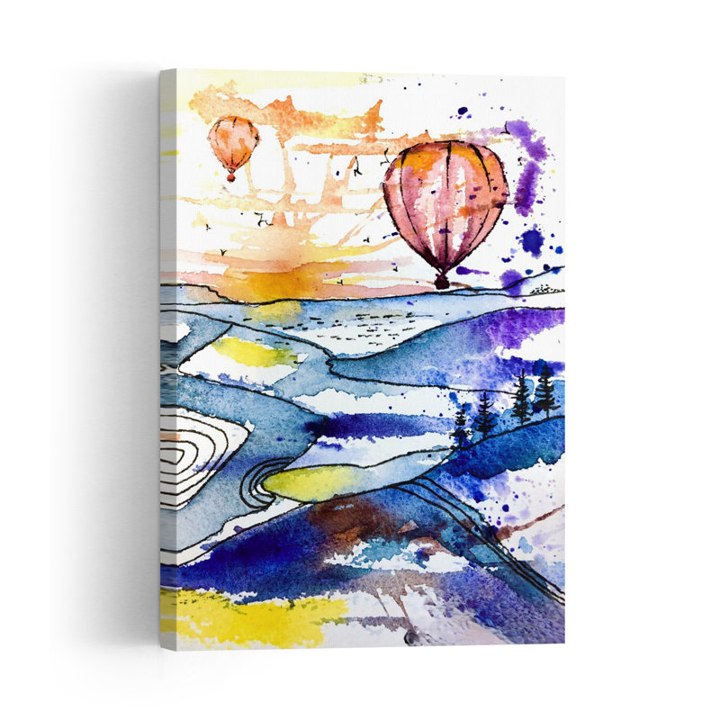 Sunset Balloon Landscape Colorful Dreamy Peaceful Landscape Mountain Wall Art Print 1 Piece Wrapped Canvas Wall Art