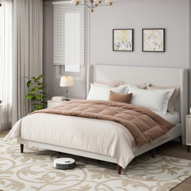 Base de lit tapissier haute avec support à 12 lattes, assemblage facile, toile de chenille, aucun sommier requis