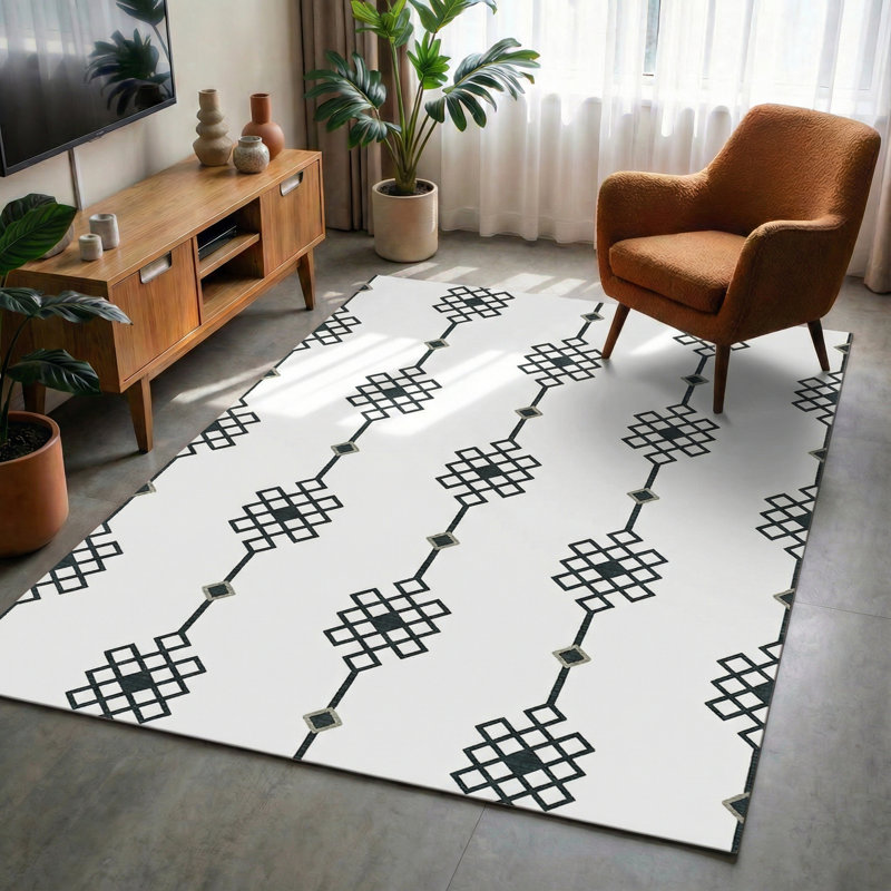 Tapis à imprimé géométrique blanc Rachelle, Rectangle 2 pi 8 po x 5 pi