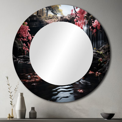 Peach Tree Waterfall Natures Elegance II - miroir en cascade, miroir mural rond rose, impression sur métal