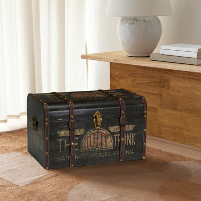 Helina Large Decorative Trunk, Vintage Decoupage, Metal Accents with Leather Strapping, Strong MDF Frame, Clasps Shut, Green and Black